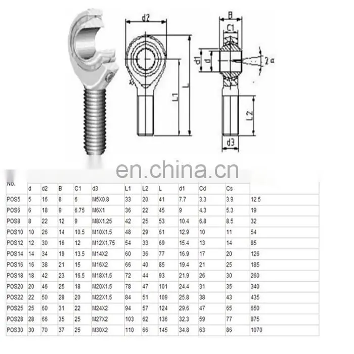 Extermal thread series original chrome steel 10 mm rod end bearings POS10 POS12 POS14 POS16 POS18 POS20 POS22 POS25
