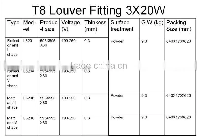 T8 Louver Fitting/grille 3X20W refeoctor and V shape