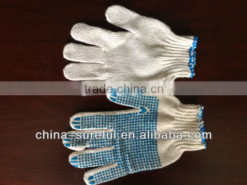 wholesale PVC glue dotted gloves, string knit pvc dot work gloves