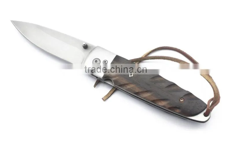 EDC Knife Wooden Handle Foldable Pocket Knife with Leather Rope