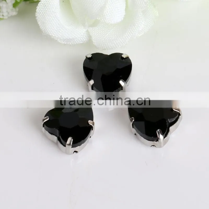 Best selling 14mm blue zircon color heart shape pointback sew on stone with base setting