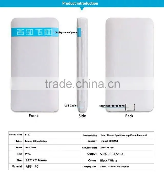Factory New 8000mah Ultra Slim Powerbank With double Cable and connector for iPhone 5/5S/6/6S