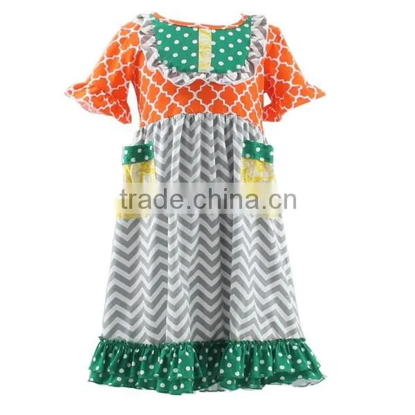 The latest fashions children's boutique clothing dot chevron and quatrefoil baby girls dress pure cotton ruffle dress