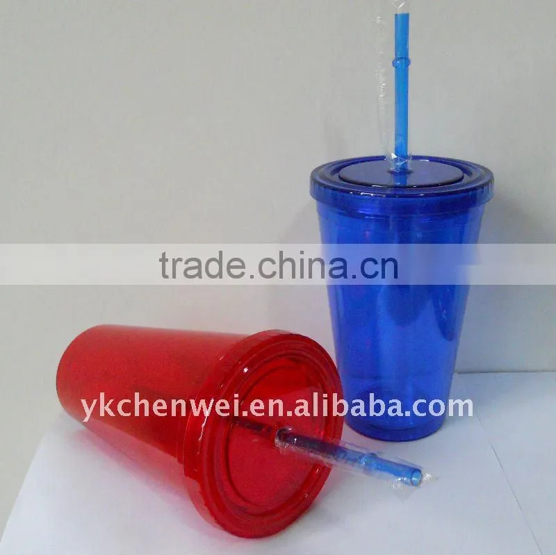Double wall AS plastic tumbler with straw