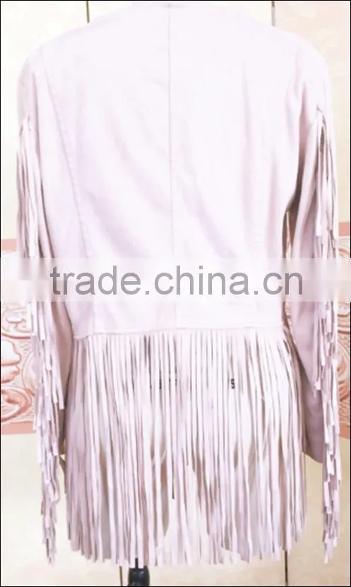 2016 long fashion pu leather suede jacket frigne on the hem and sleeves