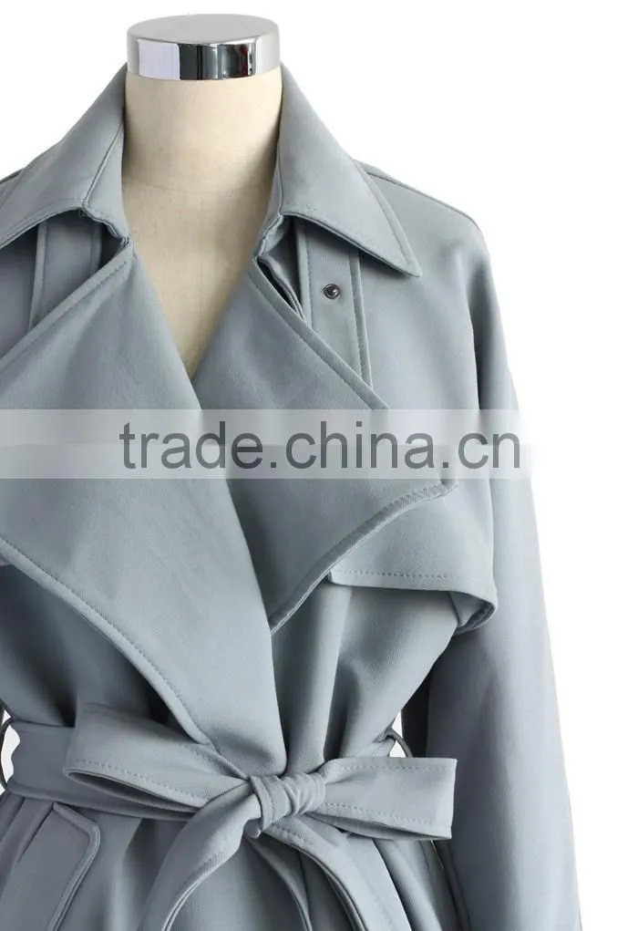 Beige /Grey/Indigo blue color Open front design Full lined long jacket,beautiful women Belted Textured Trench jacket Coat
