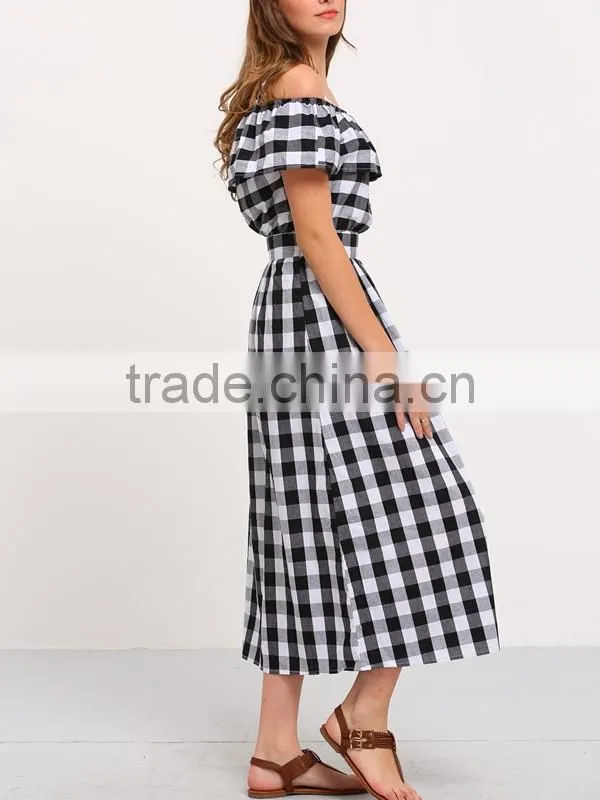 Woman Black and White Plaid Off The Shoulder Short Sleeve Summer Casual Dress