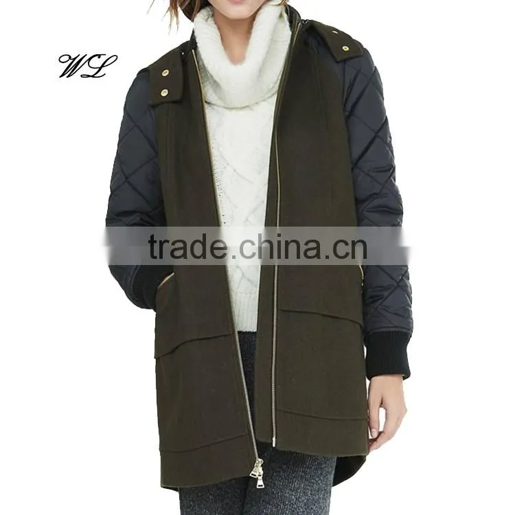 Wholesale women clothing melton wool blend women winter quilted long varsity Jacket