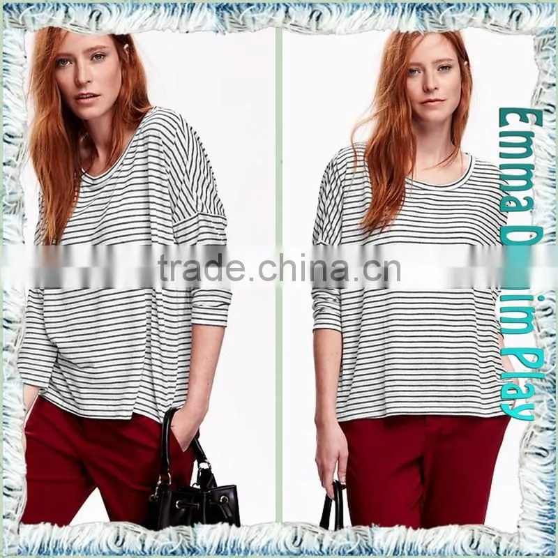 Latest Arrival Ladies Stylish Style 3/4 Sleeve Black White Stripe Knit Cotton O Neck Tee Shirts