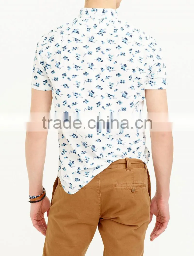 2015 latest style cotton mens custom shirt button-down collar short sleeve shirt in seaport floral print