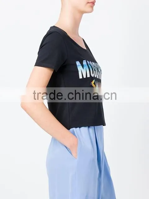 Custom Short Sleeve Cotton Black Printed t-Shirts For Women,Top Quality Silk Printing Womens Black T-Shirts Clothes