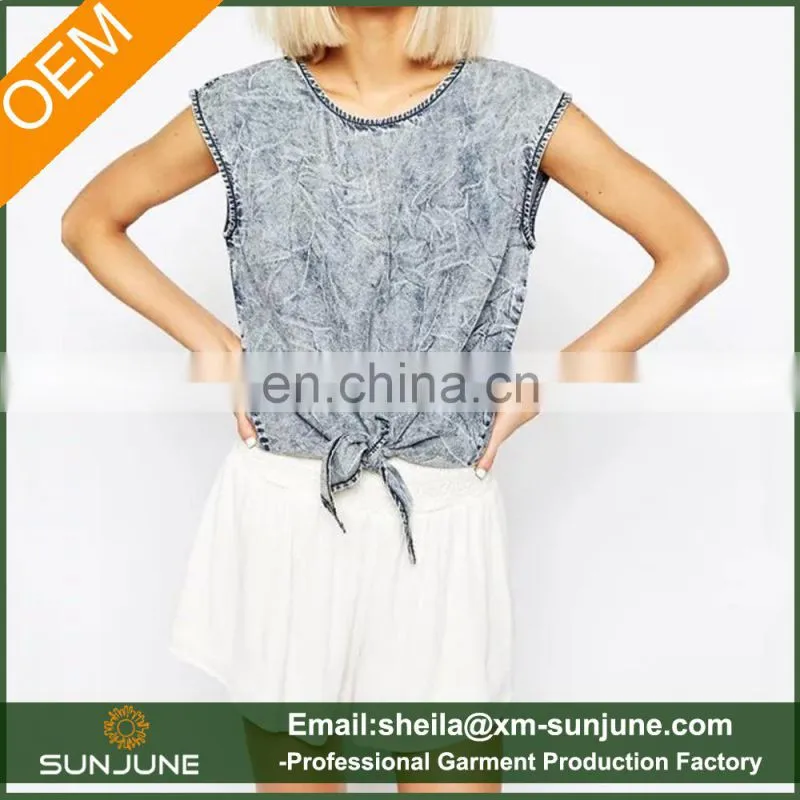 Women solid color lapel sleeveless denim shirt plus size clothing