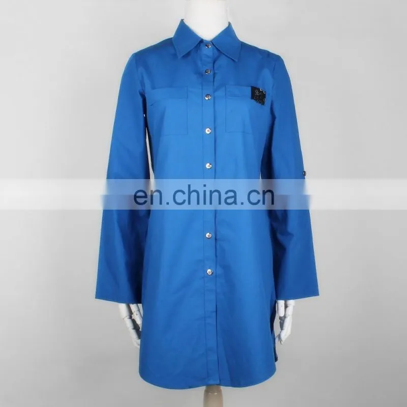 Fashion style deep blue plus size woman long shirt with pocket