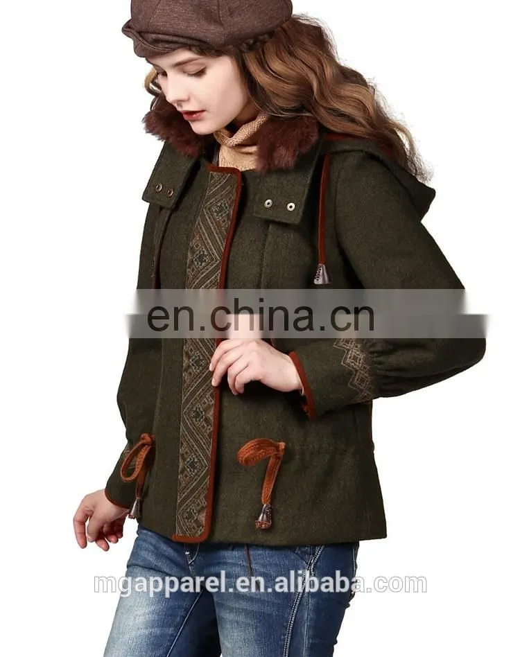 2015 Fashion winter warmth short coat embroidered draw string hooded rabbit fur collar woman coat