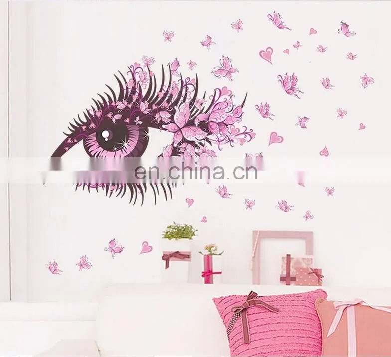 Pink Eye with Pink Butterfly and Heart PVC Wall Sticker Home Decoration Mural Roon Decal