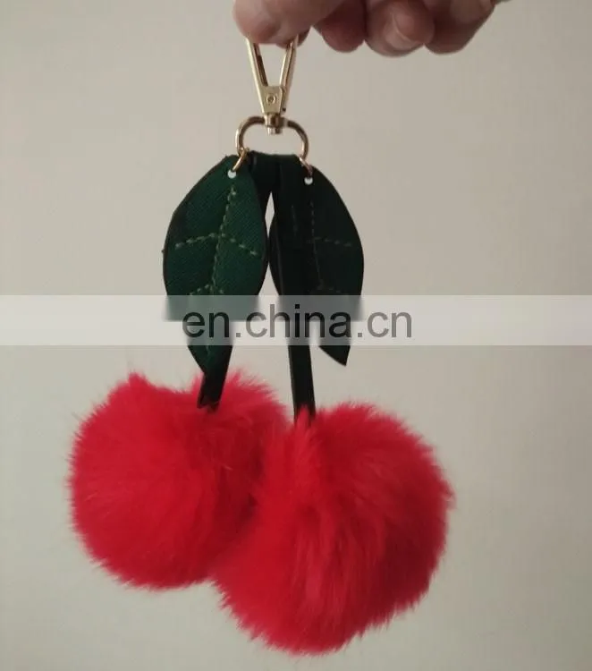 fashion double red faux fur ball bag charm with leafs 2016 new design pom pom keychain
