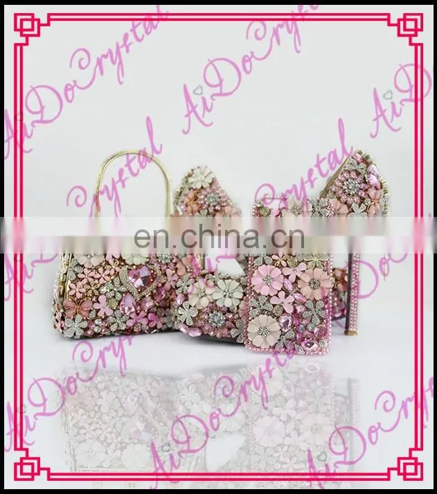 Aidocrystal 2016 handmade top designer luxury pink crystal italian party shoes and bags for women