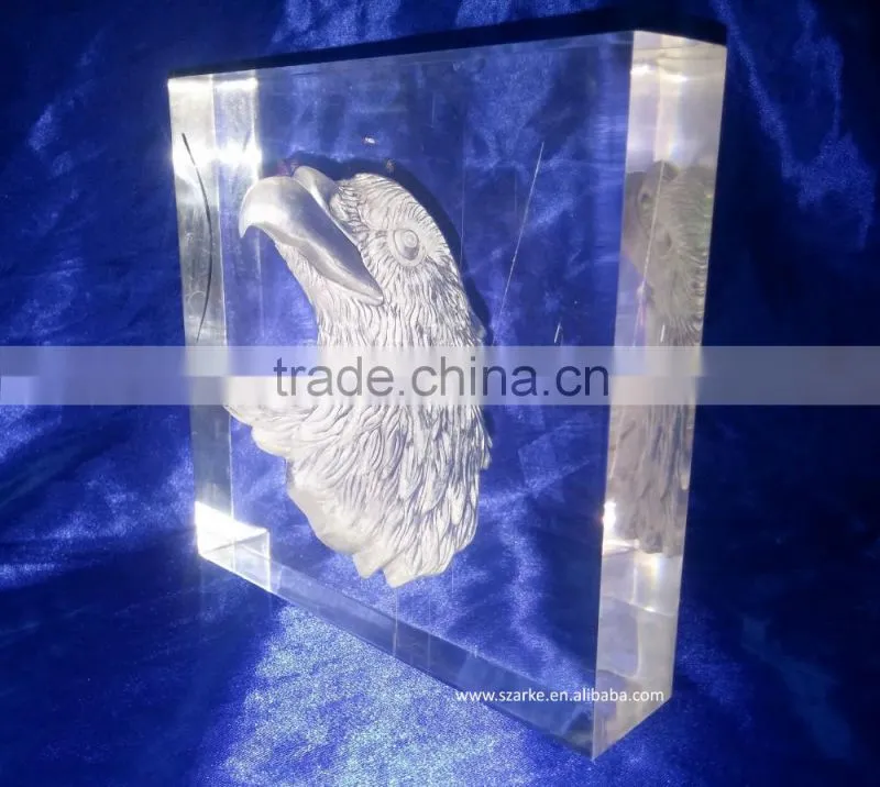 3D laser carving eagle's heart acrylic art block display animal style thick paperweight