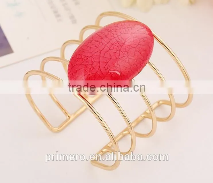 Fashion Unique Exaggerated Natural Stones Plated Gold Hollow Bracelet Bangles Jewelry