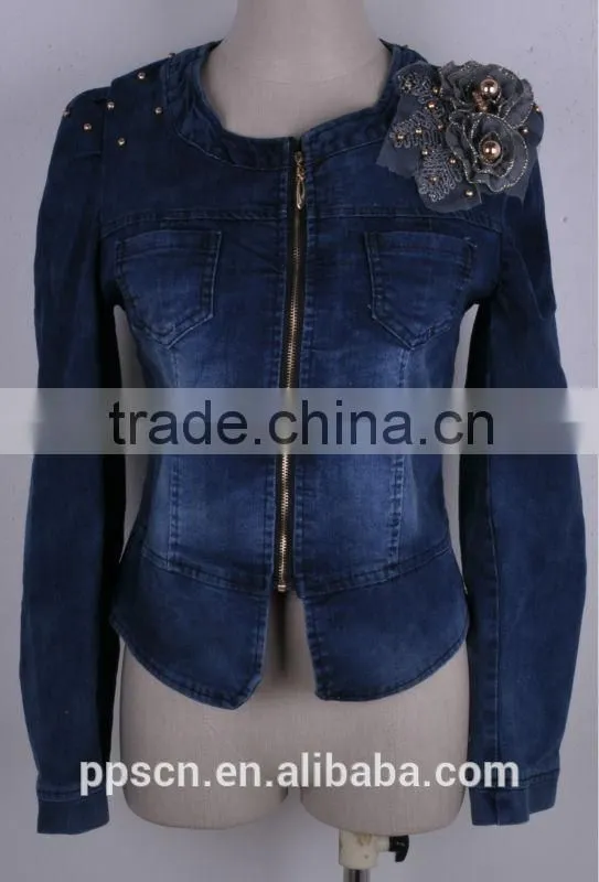 2015 new arrival fashion high quality beading decoration lady denim jacket with hood, denim jacket women wholesale China