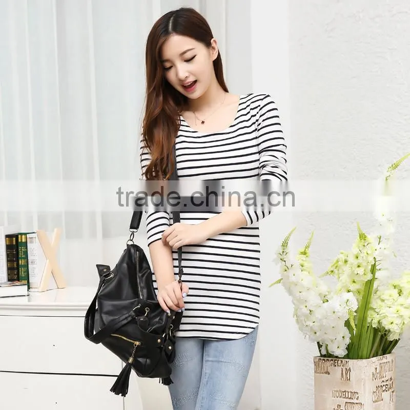 Women's korean fashion stripe t shirt, tight fit thin long sleeve t shirt