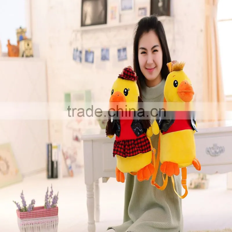 30cm lovely customized yellow stuffed plush strawberry duck doll animal backpack with strawberry-printed T-shirt