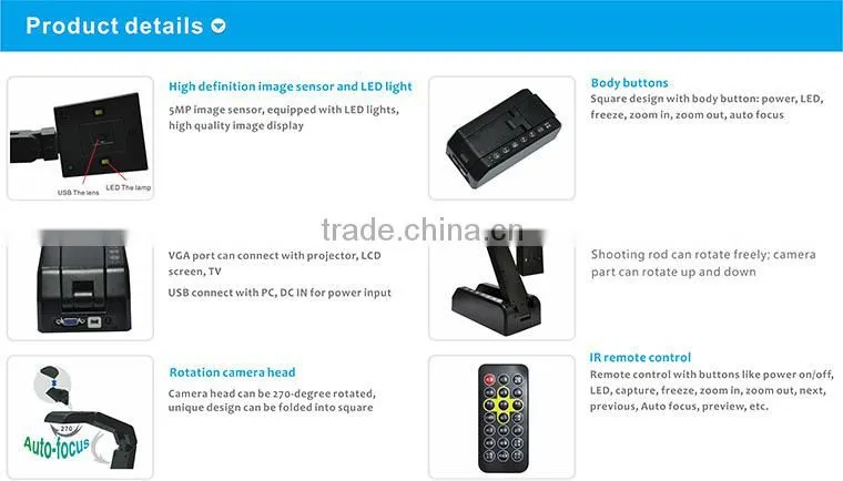 High quality document camera flexible camera arm and camera head