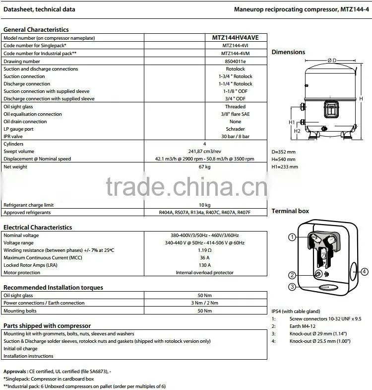 (MTZ144-4VM)Brand New Maneurop Reciprocating Compressor MT and MTZ Compressors