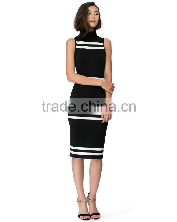 2015 black and white stripes midi dress ribbed neck line fashion woman dress