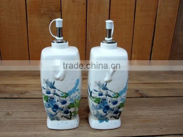 Elegant Flower Decal Ceramic Oil and Vinegar Bottles Set for Kitchen