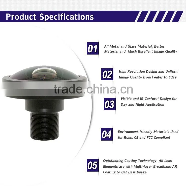 cn Fuzhou 1/8" 1.85mm M12 hd 12 megapixel 195 degree fisheye projector lens for cctv lens
