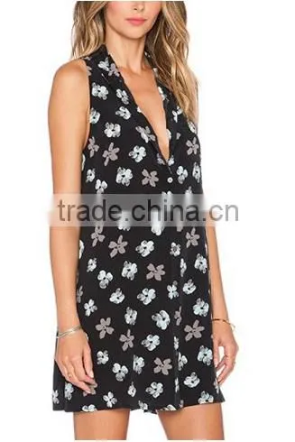 Women's Black Sexy Deep V Neck Sleeveless Floral print skirt Casual Dress