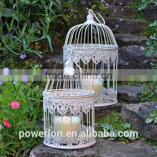 Elegant patio decoration antique white metal S/2 bird cage flower holder