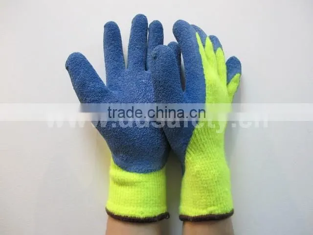 DDSAFETY Hi Vis Yellow Acrylic Shell With Blue Latex Coating Gloves