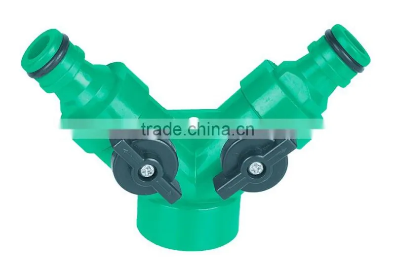 Plastic snap-in "Y" hose connector with shut off function, 3/4" female thread