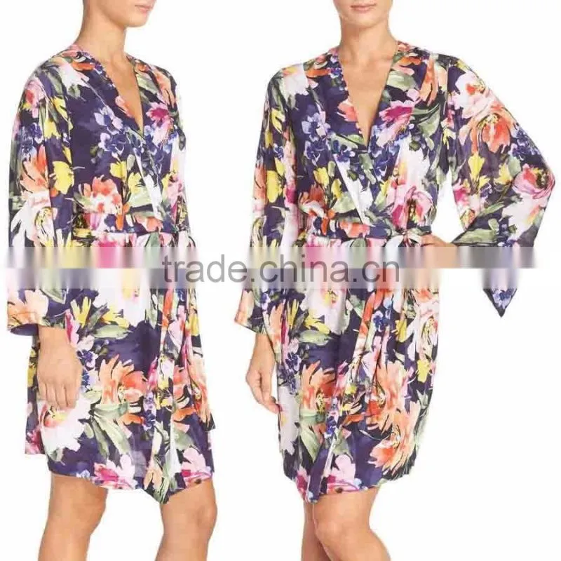 Floral Print Janpanese Kimono Style Robe for Women Long Sleeve Silk Kimono Robes Wholesale Custom Made