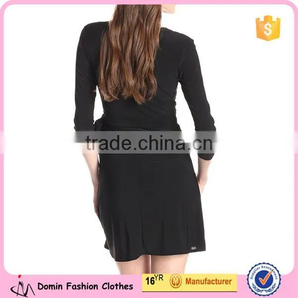 New Arrival Fashion Black Faux-Wrap Tie Waist A Line Ladies Dress