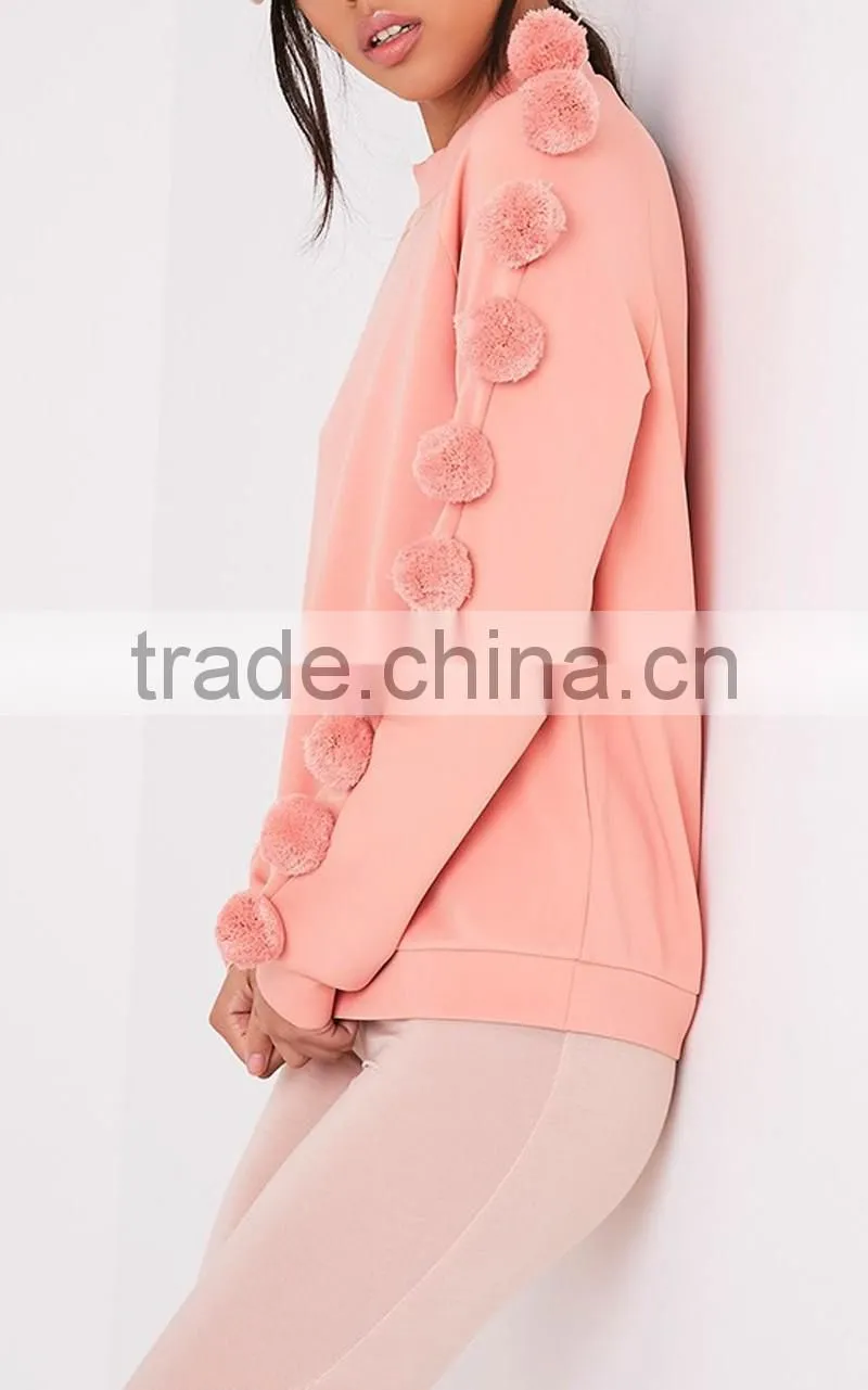 Women Pink Cute Fashion Sweater Long Sleeve Pullover Sweatshirt plush ball