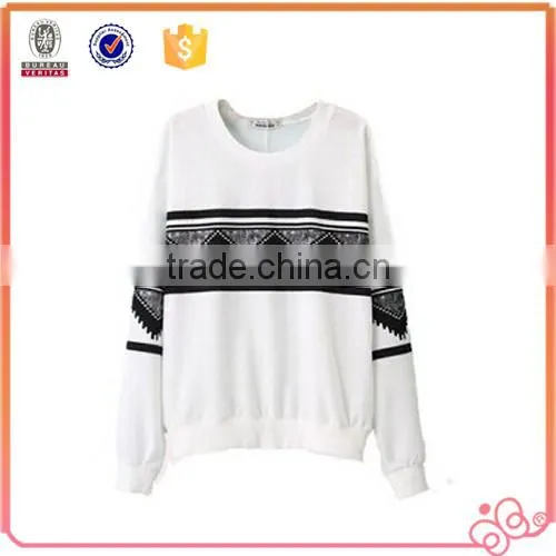 Women's white color T-shirt long sleeve O-neck t shirt with lace