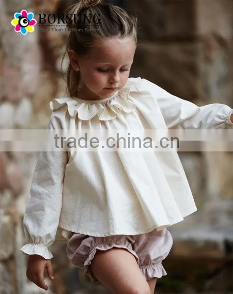 New style blouses 2017 new designs baby shirt long sleeve o neck ruffle cotton blouse gilrs wite blouse