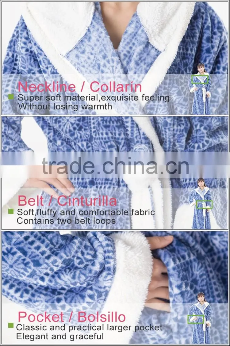 Soft coral fleece flannel bathrobe with hood