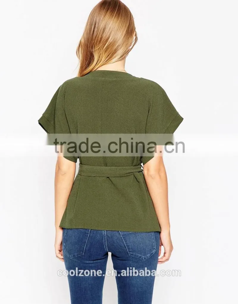 Wholesale wide-cut cuffs wrap design lady blouse,fashion belted blouse 2016