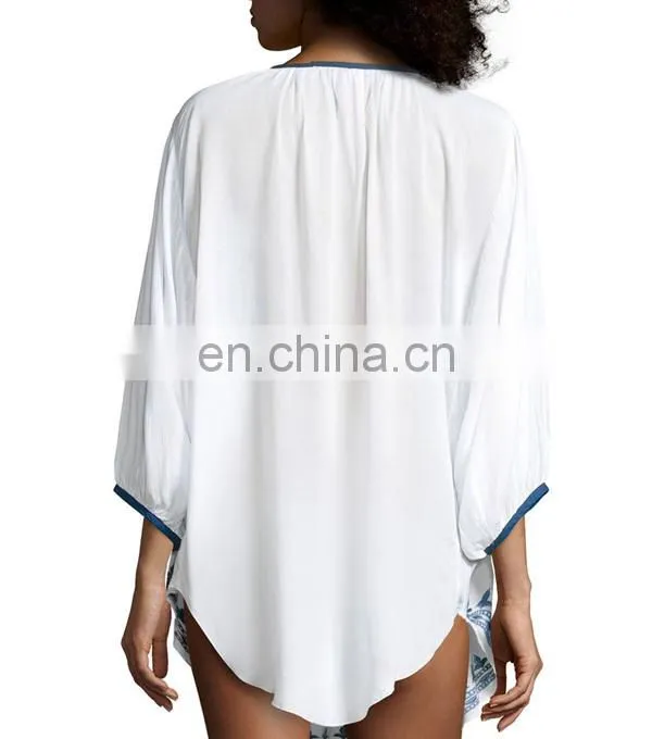 CHEFON Long sleeve vintage women white cotton embroidery blouses