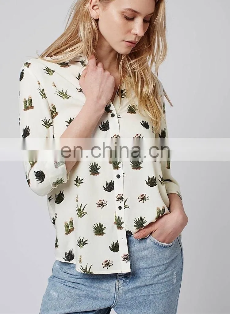 Latest fashion blouse design long sleeve printed cactus women model simple design blouse