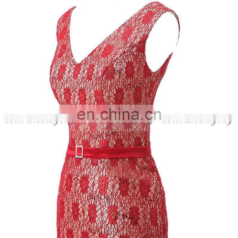 Real Pictures V Neck Lace-Up Sleeveless Mermaid Lace Evening Dresses SD344