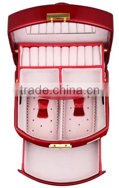 high quality jewelry display case, custom leather display case for jewelry,red shiny leather jewelry case with mirror
