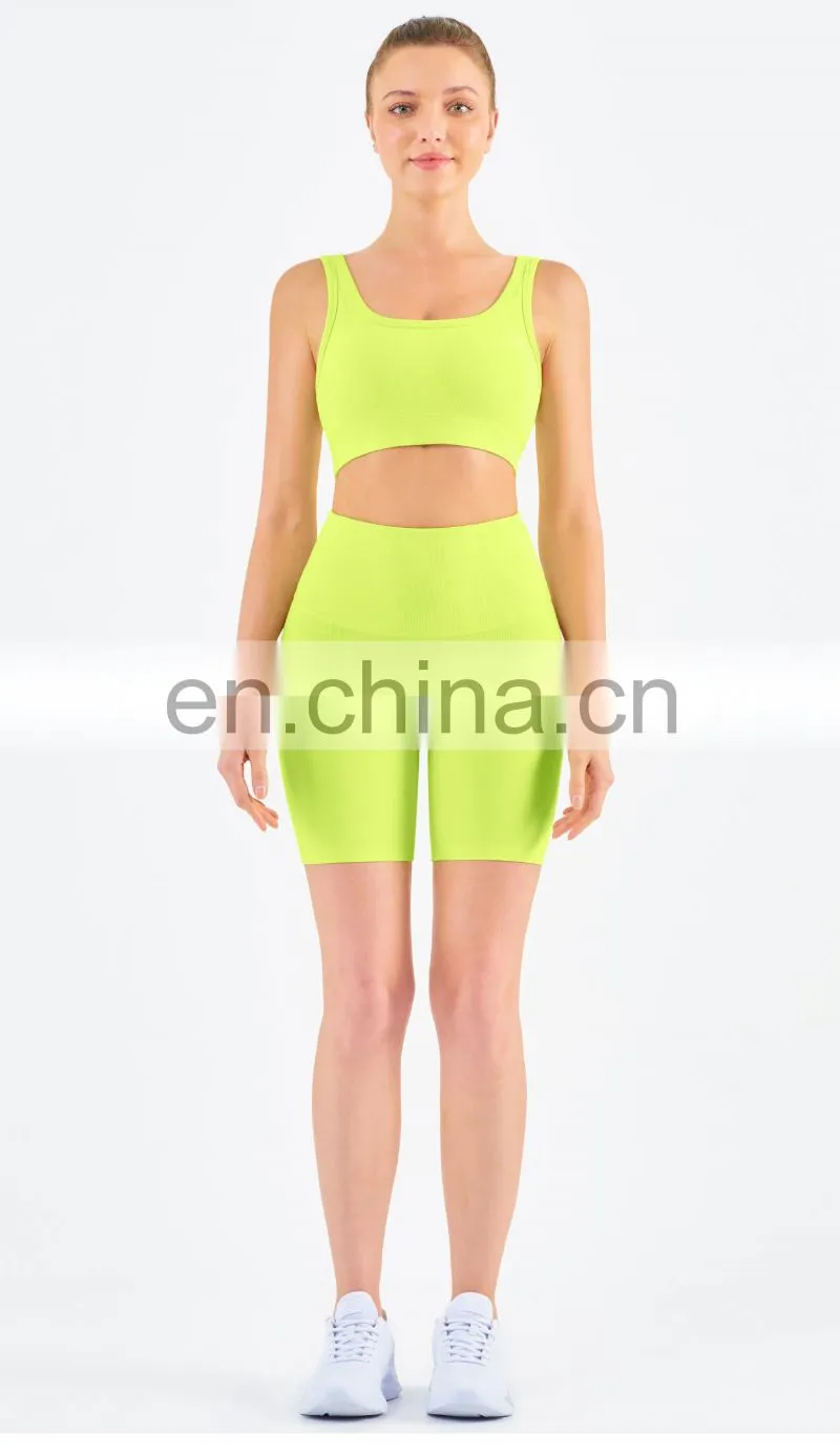 Athletic Ribbed Yoga Fitness Women Square Neckline Sports Bra Biker Shorts Set Gym