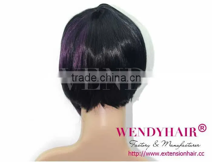 Factory Wholesale MOQ 1 PC one purple streak in black hair short wigs with bangs synthetic wig