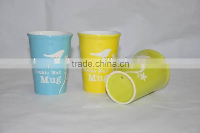 bird design ceramic double wall mug
