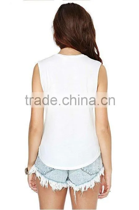 Womens White Trim Round Collar Tank Vest Top t shirt